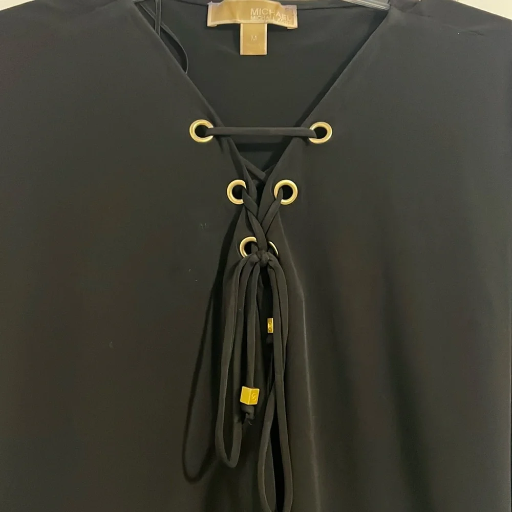 Michael Kors Medium short sleeve solid black blouse with Grommet lace up front